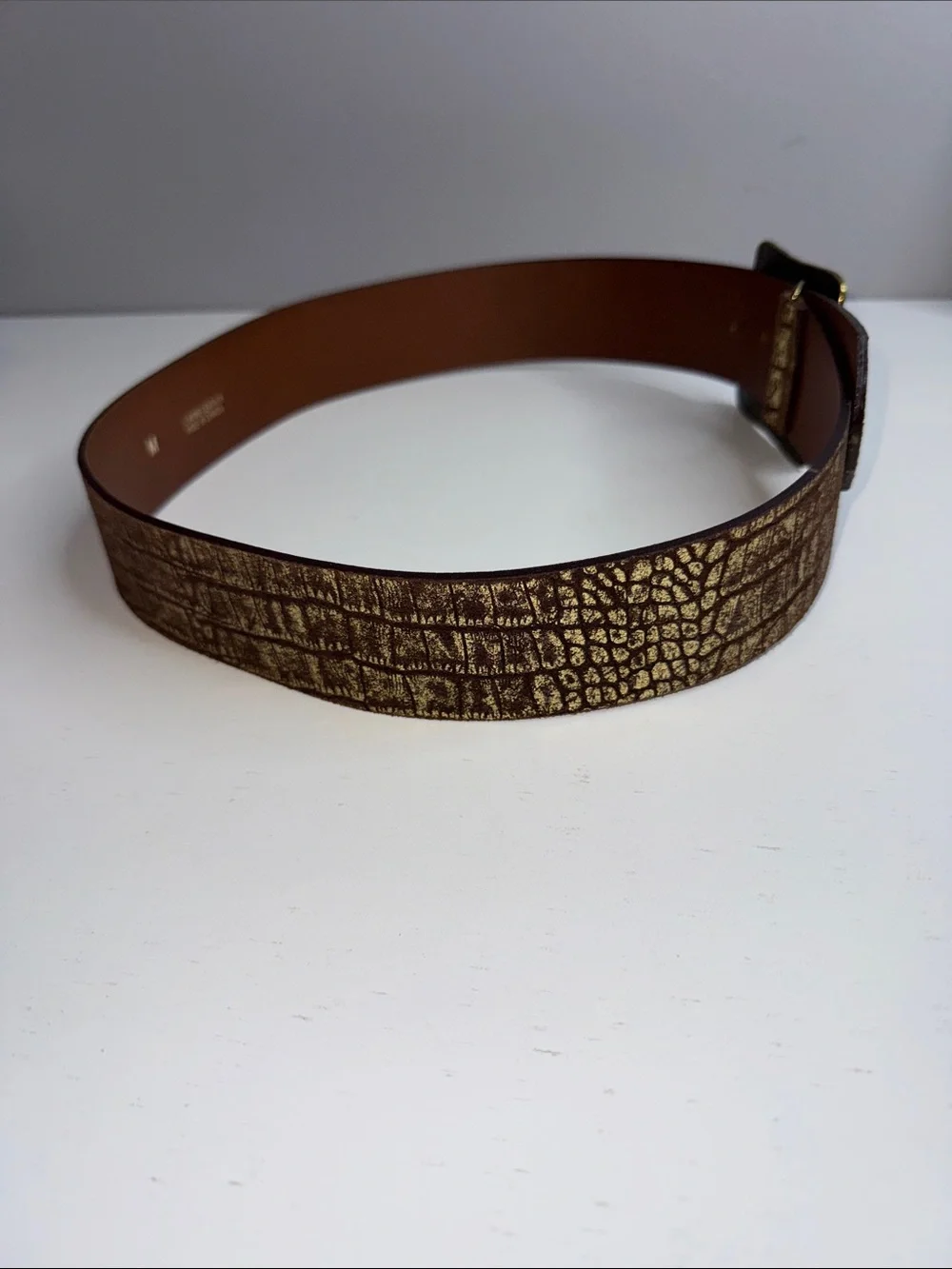 Chico’s Genuine Leather Wide Croc Embossed Belt with Hammered Brass Buckle